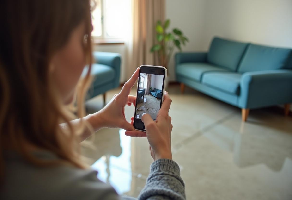 Homeowner photographing water damage for an insurance claim
