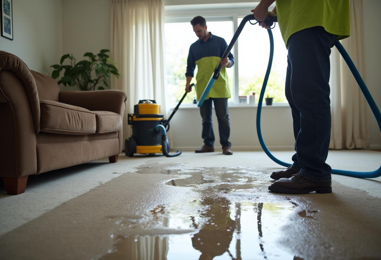 Technicians extracting standing water from carpet after a flood