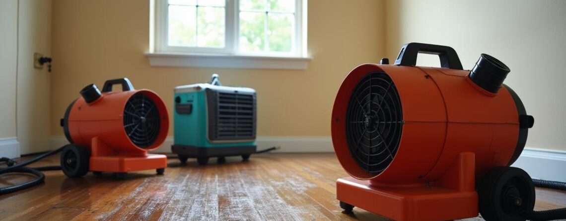 Air movers and a dehumidifier drying a room after water damage