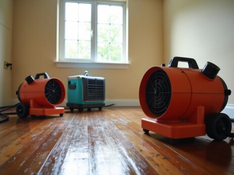 Air movers and a dehumidifier drying a room after water damage
