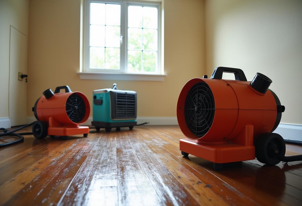 Air movers and a dehumidifier drying a room after water damage