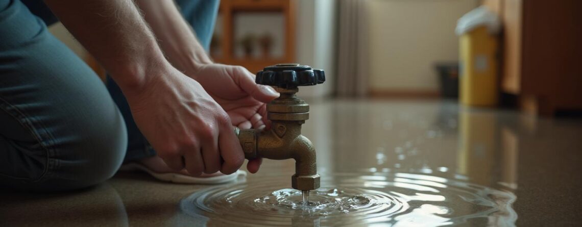 Homeowner shutting off the main water valve in a flooded home