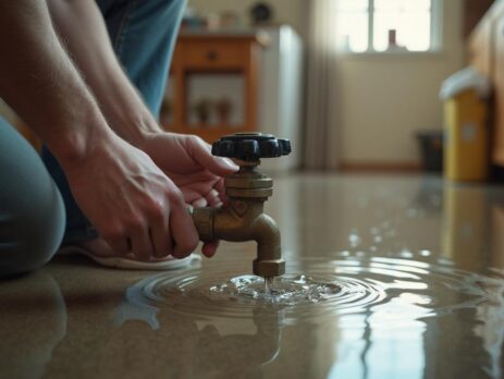 Homeowner shutting off the main water valve in a flooded home