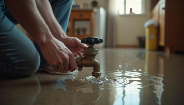 Homeowner shutting off the main water valve in a flooded home