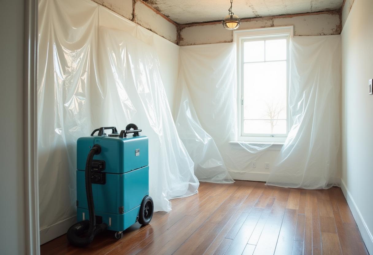 Containment sheeting and HEPA air scrubber during mold remediation