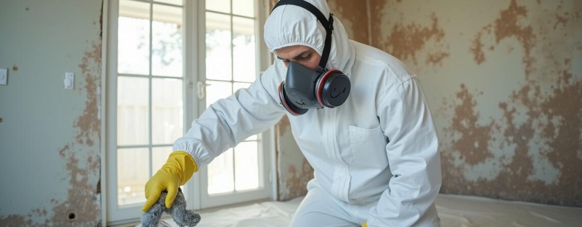 Technician in PPE performing mold containment in an Orlando home
