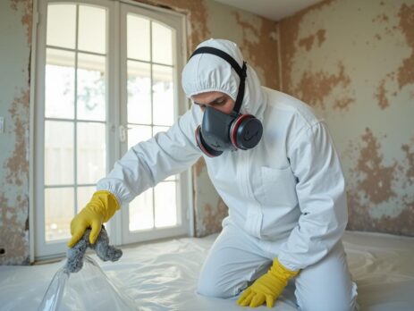 Technician in PPE performing mold containment in an Orlando home