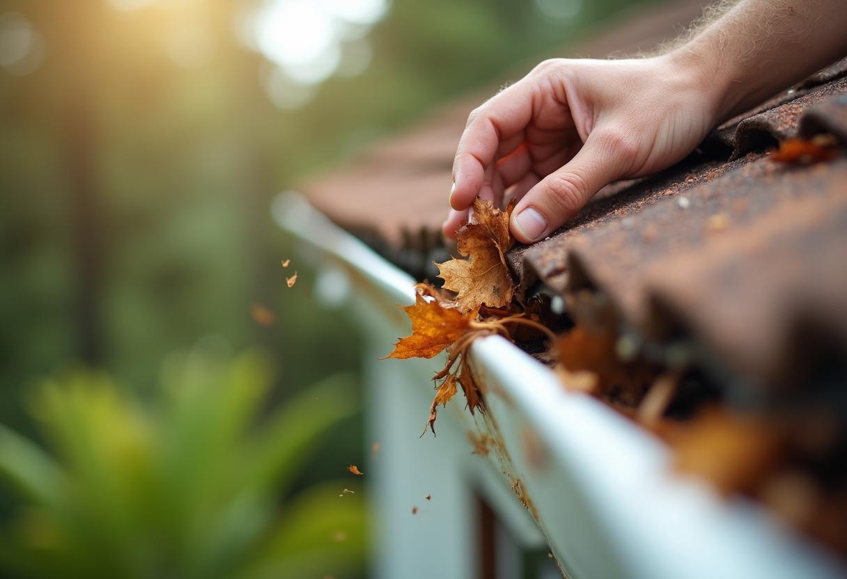 Cleaning gutters and debris off a Florida home before a storm