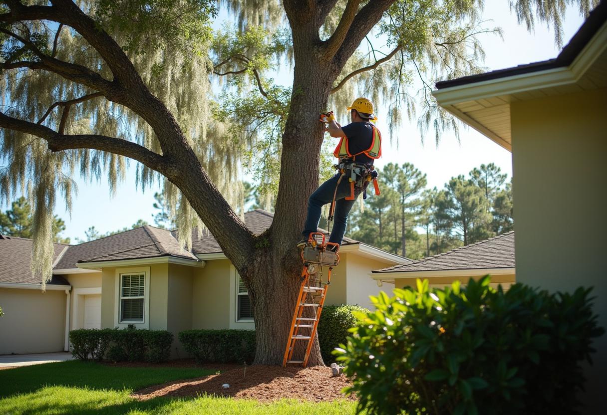 Trimming tree branches away from the house before hurricane season