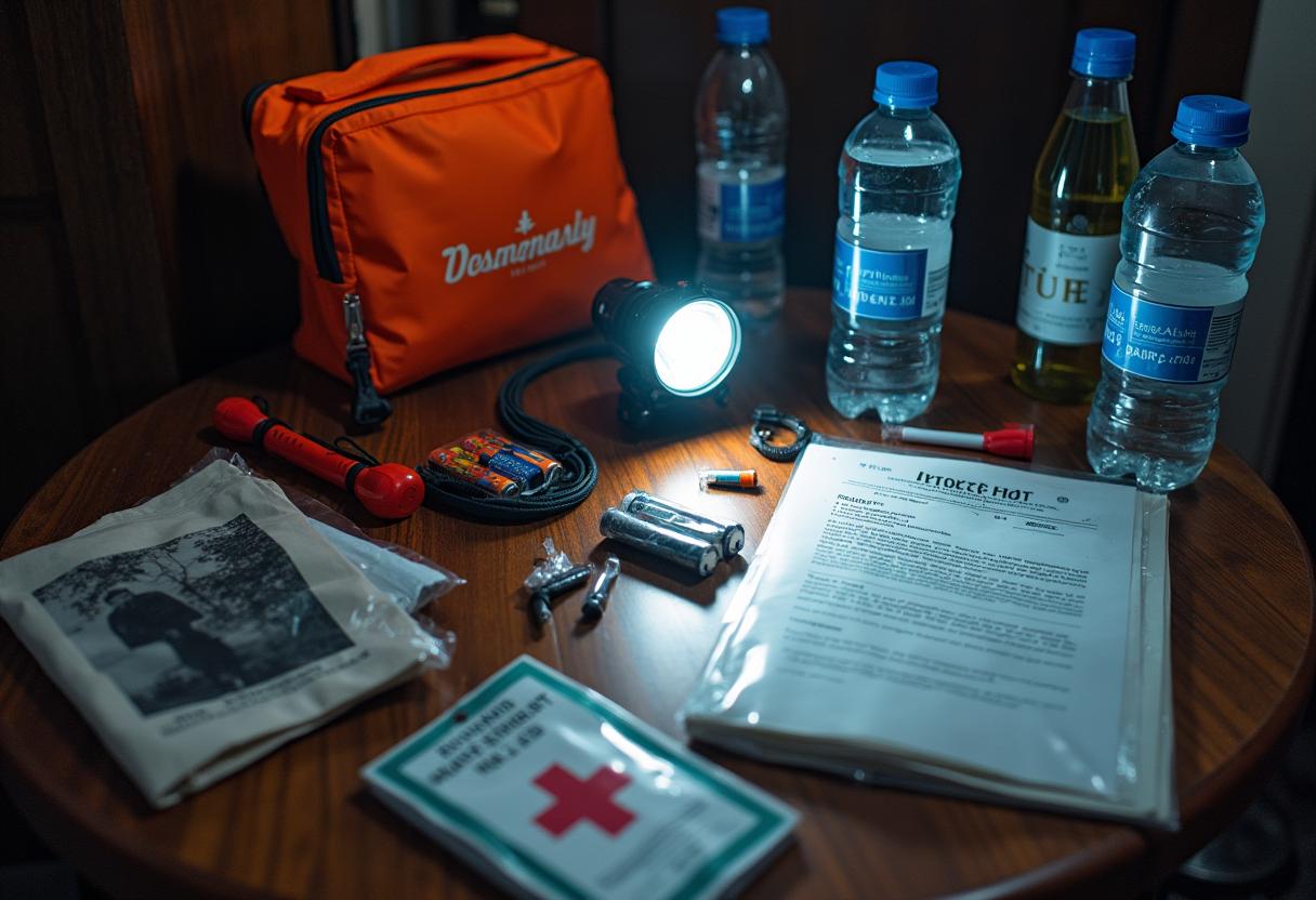 Home emergency preparedness kit with water, flashlight, and supplies