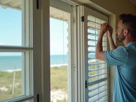 Florida homeowner installing hurricane storm shutters before storm season