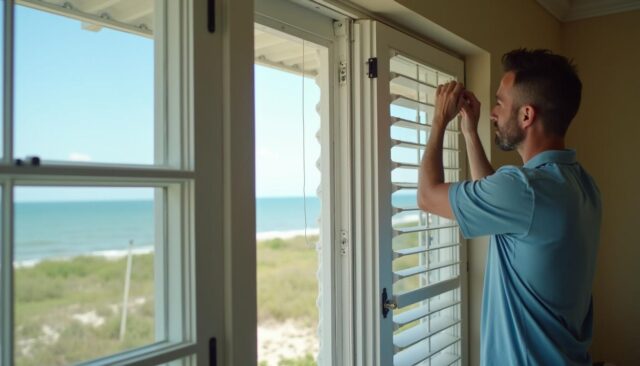Florida homeowner installing hurricane storm shutters before storm season