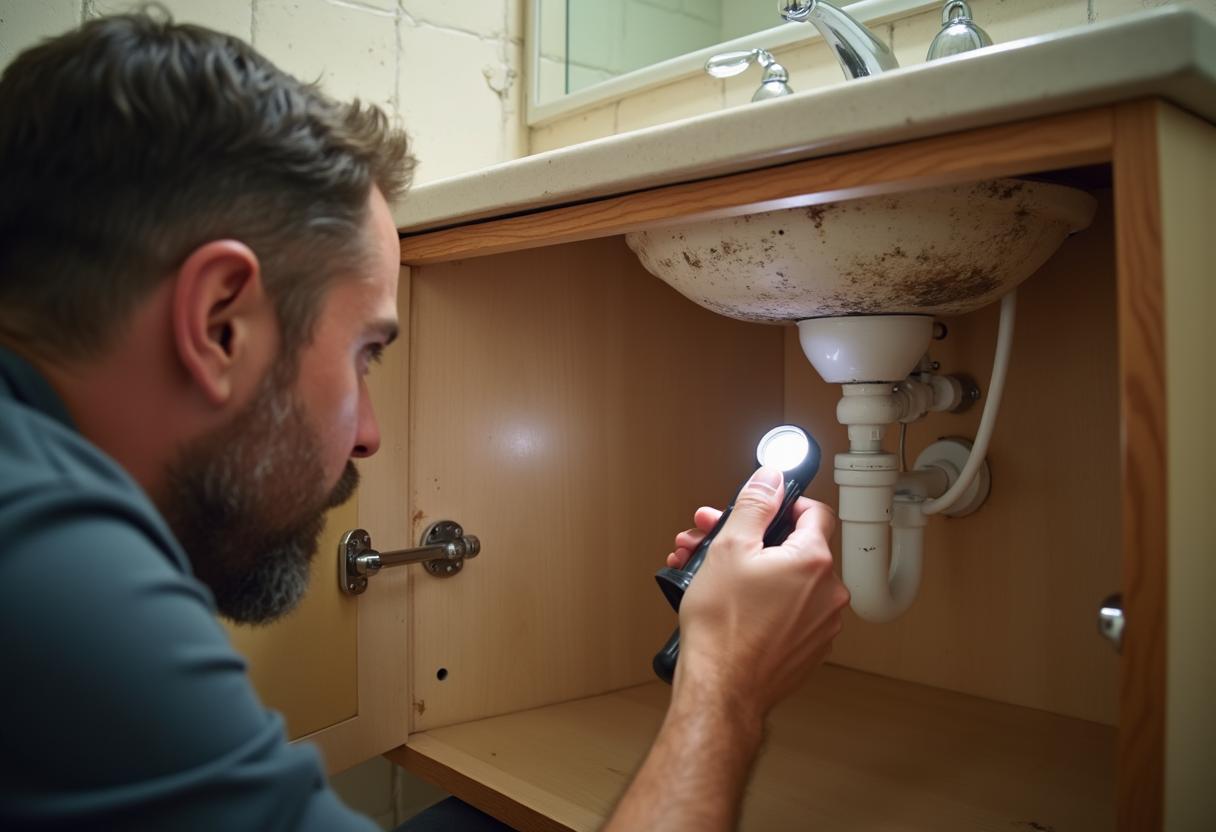 Homeowner inspecting under a bathroom sink and finding mold