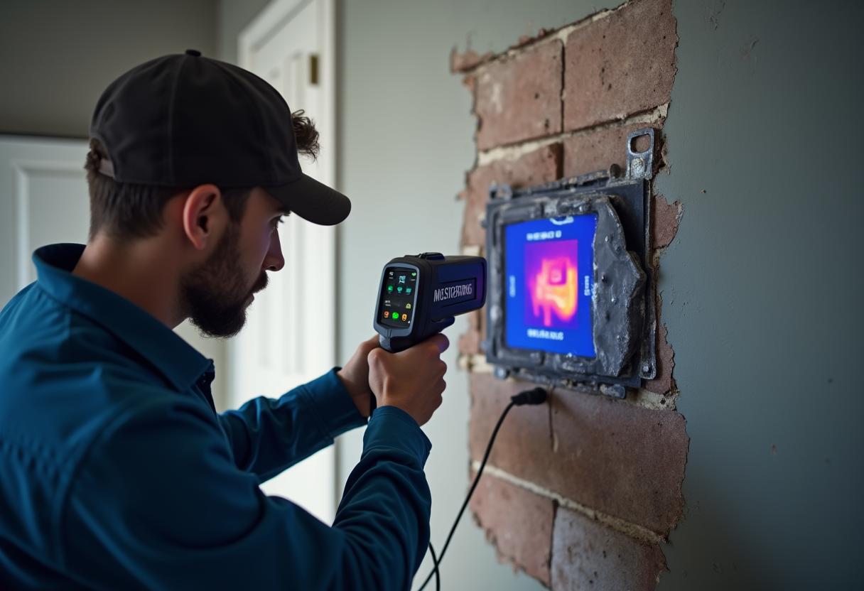 Technician using a thermal imaging camera to find hidden moisture