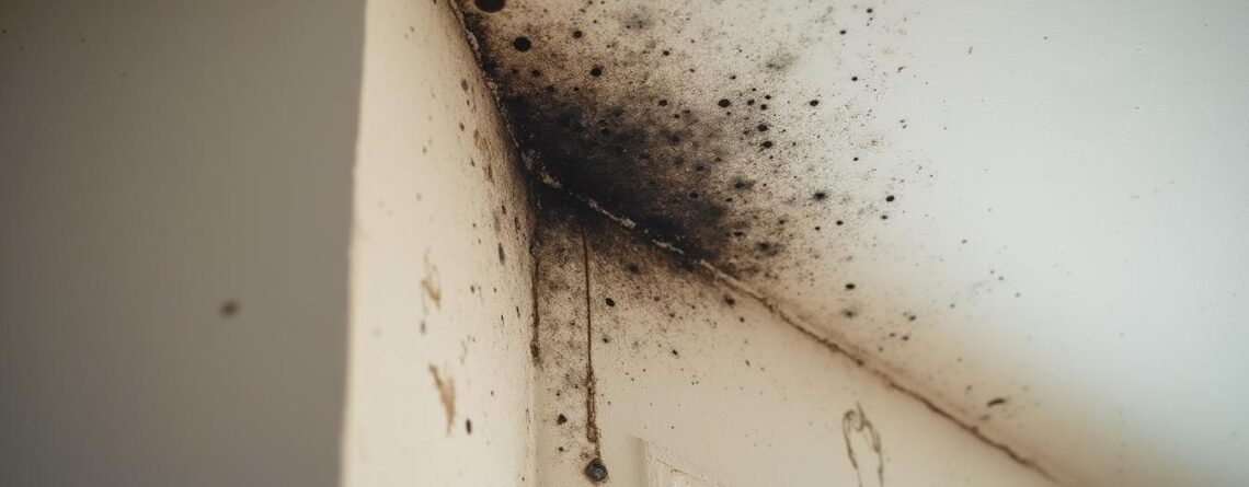 Black mold spreading on an interior wall corner near the ceiling