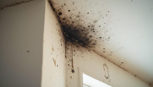 Black mold spreading on an interior wall corner near the ceiling