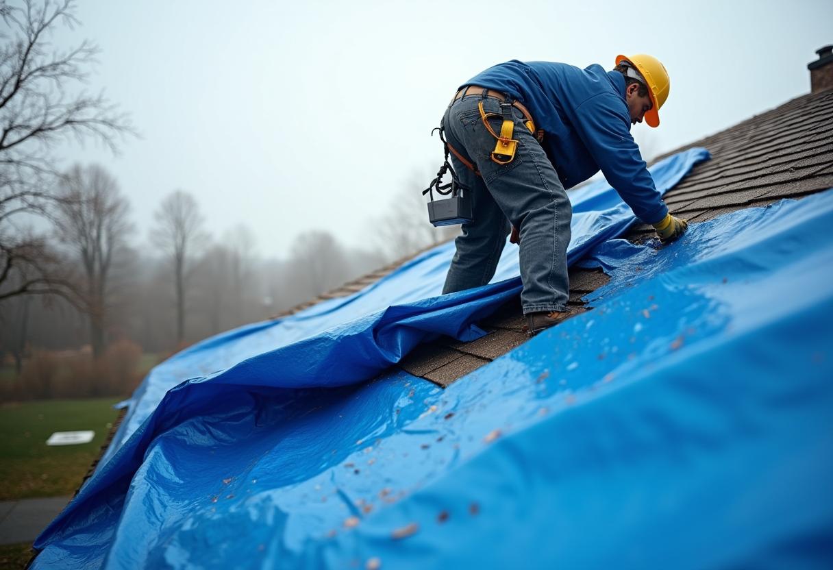 Emergency roof tarping after storm damage in Central Florida