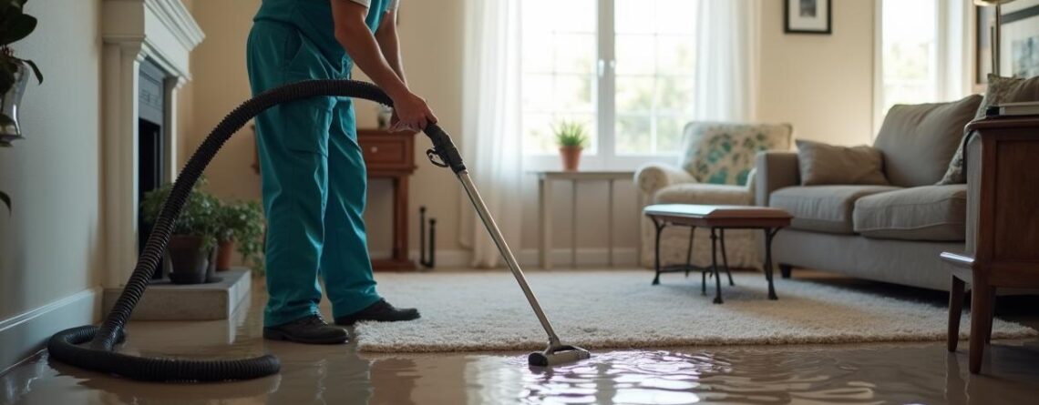 Technician extracting storm floodwater from a home interior