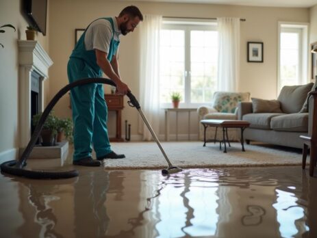 Technician extracting storm floodwater from a home interior