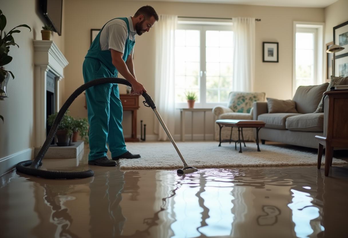 Technician extracting storm floodwater from a home interior