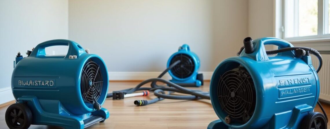 Air movers and dehumidifier drying a storm-damaged room
