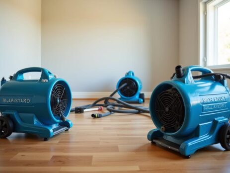 Air movers and dehumidifier drying a storm-damaged room