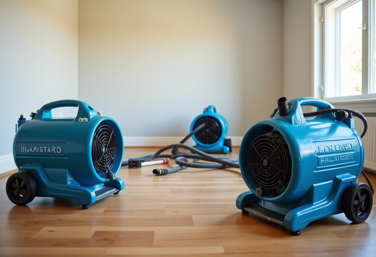 Air movers and dehumidifier drying a storm-damaged room
