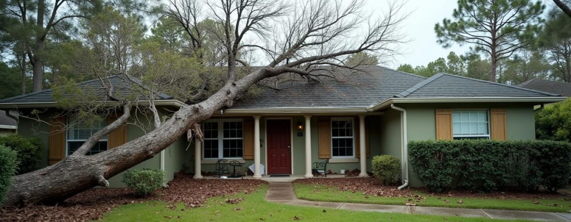Fallen tree resting on the roof of an Orlando home after a storm
