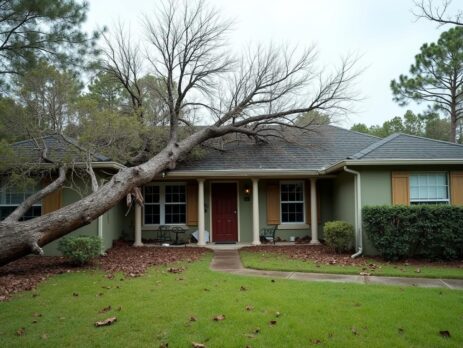 Fallen tree resting on the roof of an Orlando home after a storm