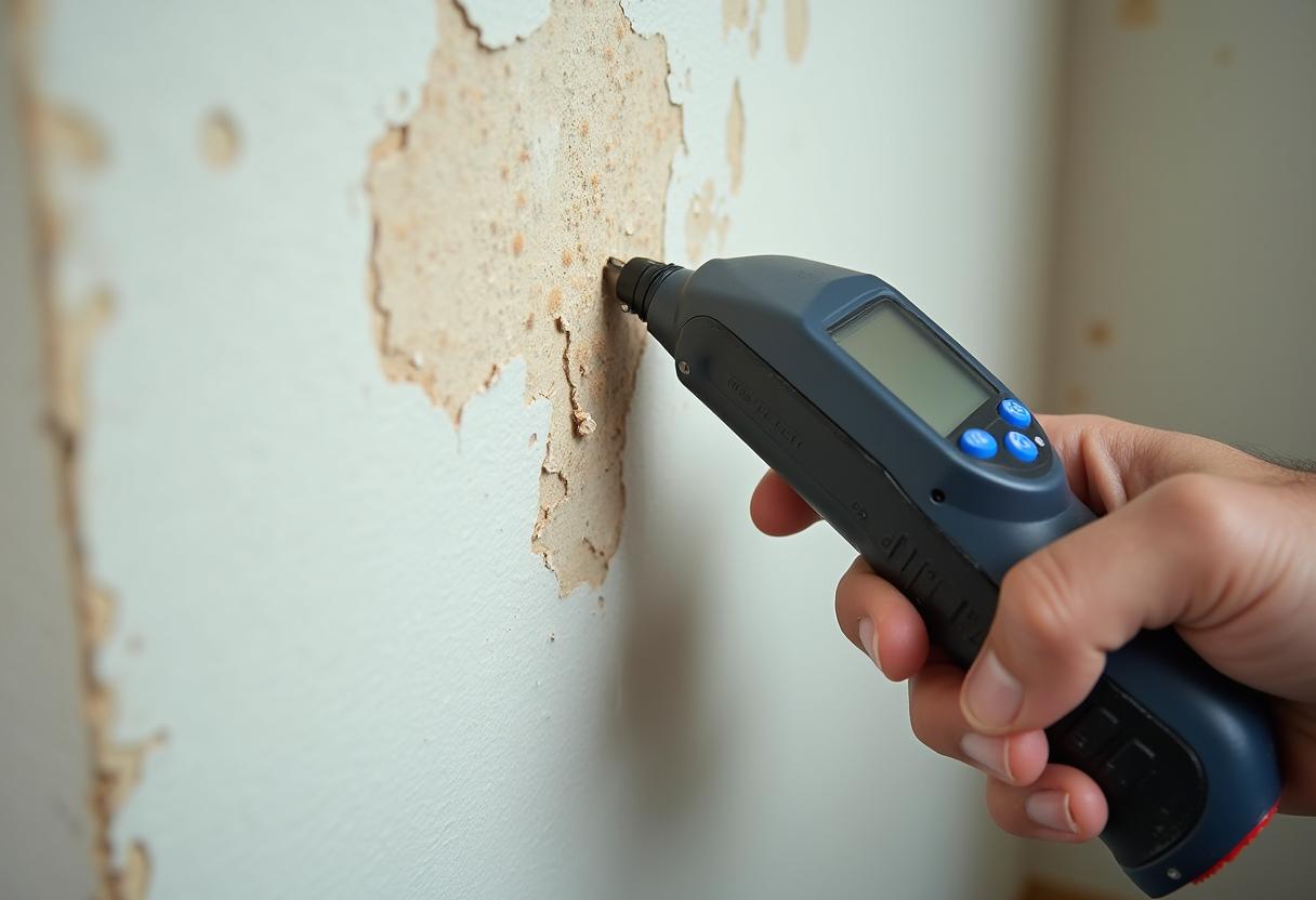 Technician using a moisture meter to detect hidden water damage