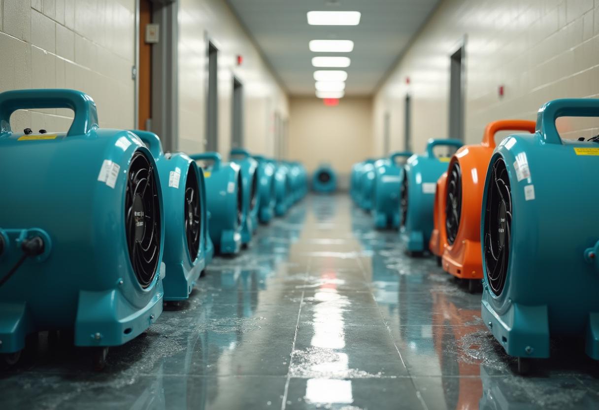 Industrial air movers drying a hallway after water damage