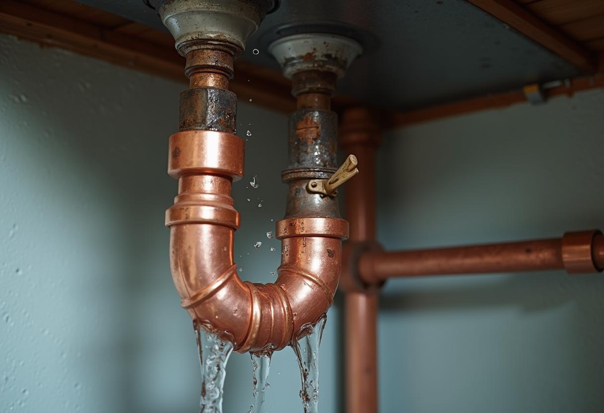 Burst pipe under a sink causing water damage in a home