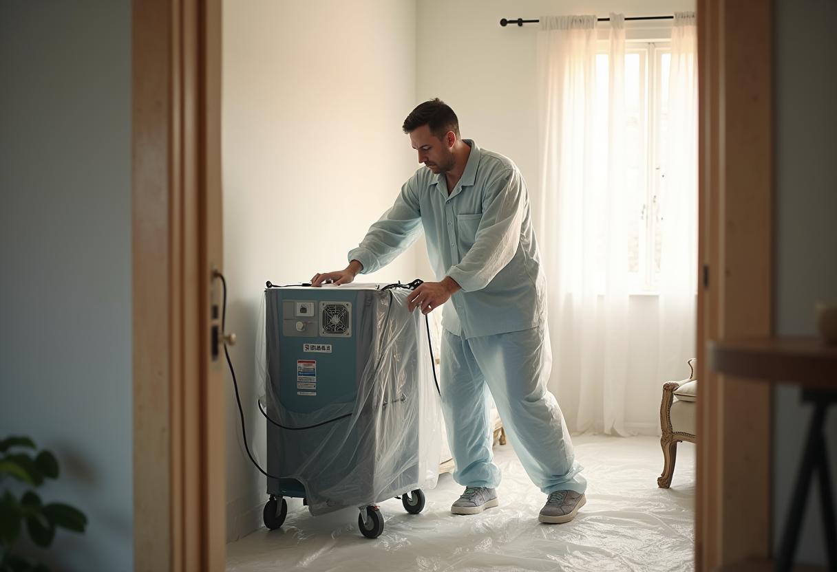 Restoration professional setting up an air filtration unit and containment sheeting
