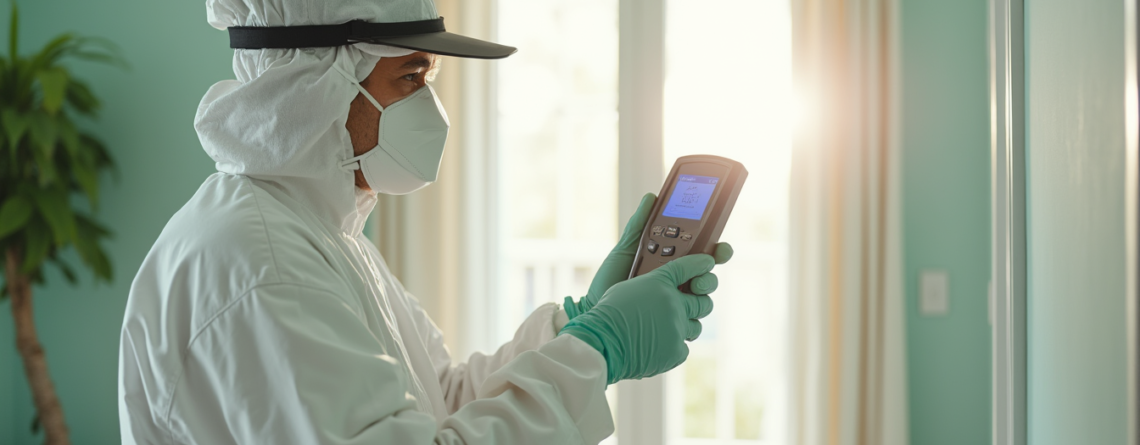 Technician inspecting a wall corner with a moisture meter in a Central Florida living room
