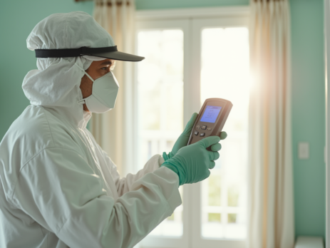 Technician inspecting a wall corner with a moisture meter in a Central Florida living room