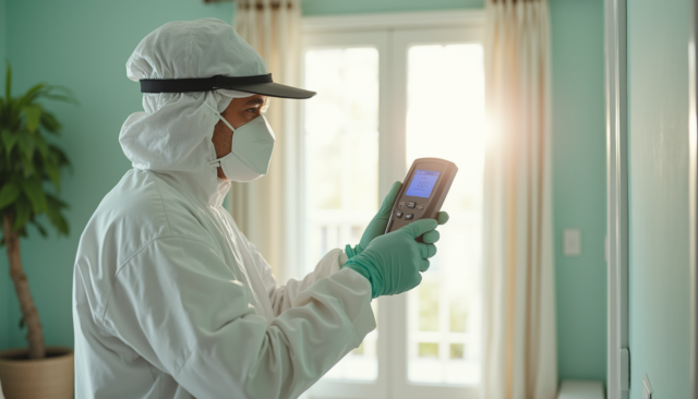 Technician inspecting a wall corner with a moisture meter in a Central Florida living room