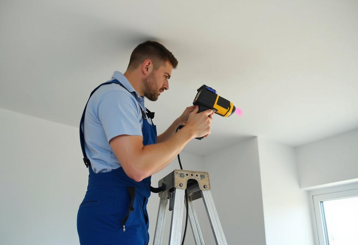 Restoration technician on a ladder using a thermal imaging camera against a ceiling