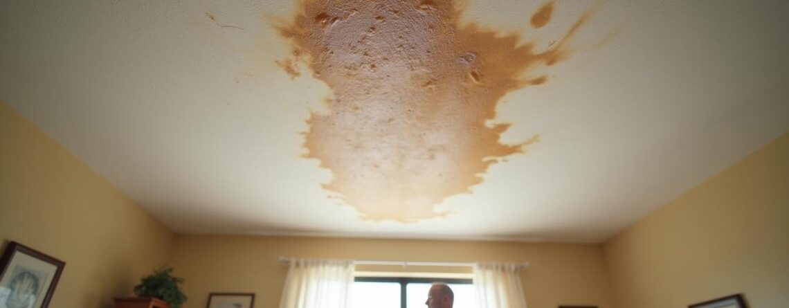 Residential ceiling with a spreading brown water stain and slight sag