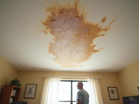 Residential ceiling with a spreading brown water stain and slight sag