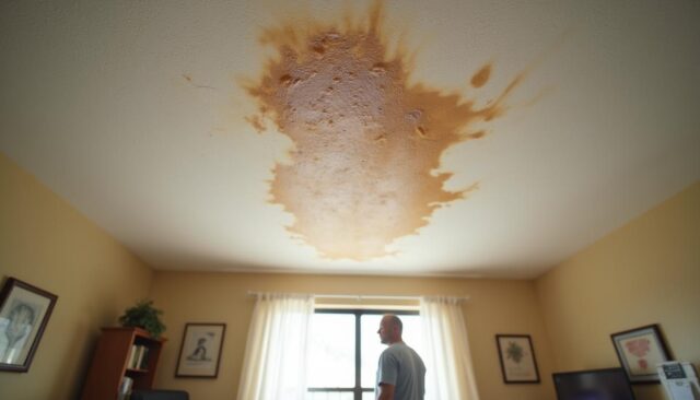 Residential ceiling with a spreading brown water stain and slight sag