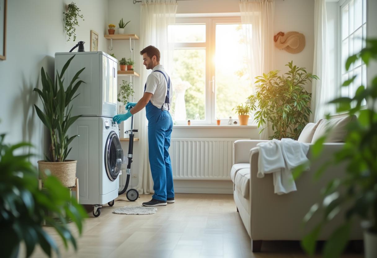 Technician using energy-efficient drying equipment in a bright home interior