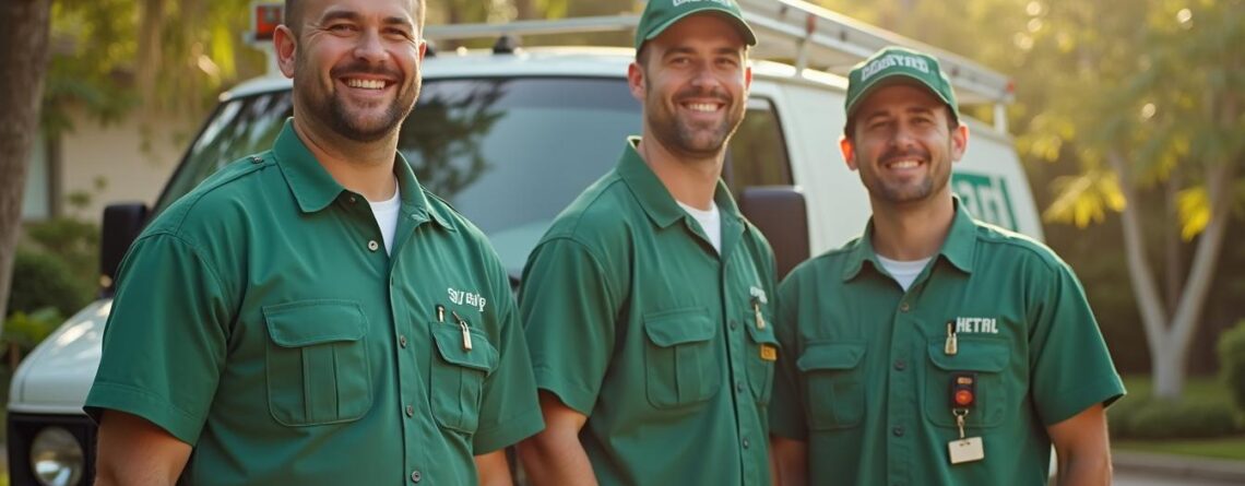 Friendly restoration crew in clean uniforms in front of a service van in an Orlando neighborhood