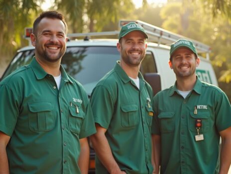 Friendly restoration crew in clean uniforms in front of a service van in an Orlando neighborhood