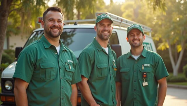 Friendly restoration crew in clean uniforms in front of a service van in an Orlando neighborhood